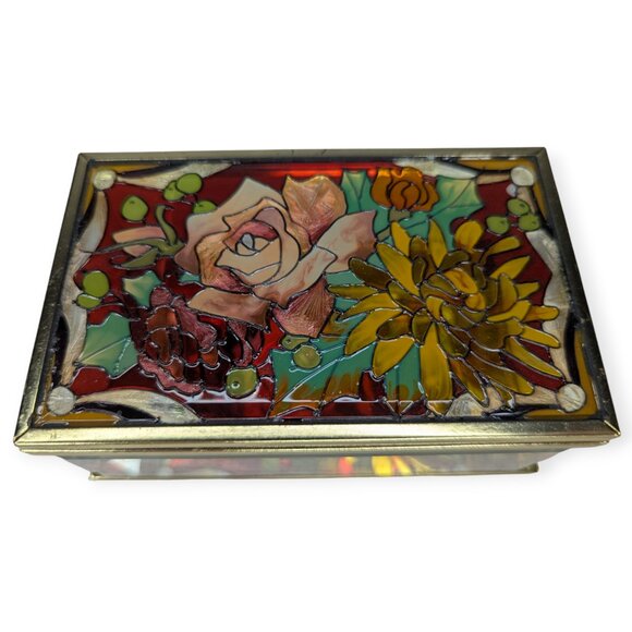 Floral Stained Glass Mirrored Hinged Lid Gold Tone Jewelry Box 5" x 3" x 2" - Picture 12 of 12